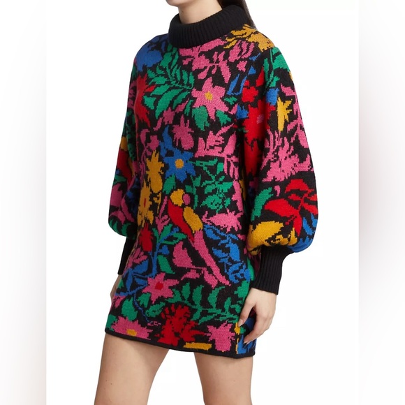 Farm Rio Tropical Garden Mock Turtleneck Sweater Dress Floral Print Size Medium - Picture 2 of 13